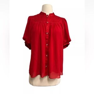 Anthropologie Moulinette Soeurs Red Balloon Sleeve Top Faux Crystal Buttons Sz 4